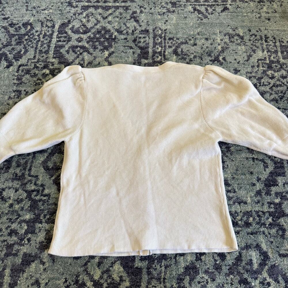 FLAWED FRAME Cropped White Ribbed Puff Sleeve Knit Cardigan Pullover- Size M - Picture 7 of 12